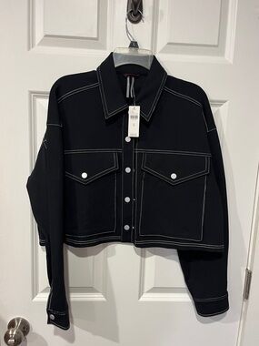 Black Cropped Jacket with Contrast White Topstitching